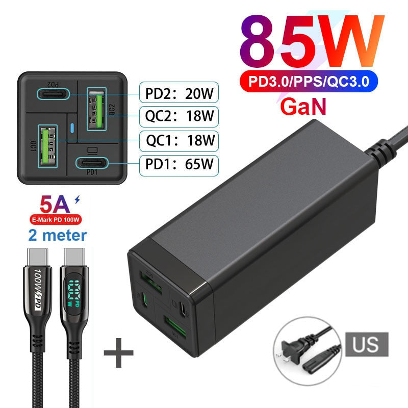 Charger GaN 4-Port 85W USB C Power Adapter PD 65W PPS 45W 20W QC3.0 Fast Charging Charger For Xiaomi Samsung iPhone 13 MacBook Pro