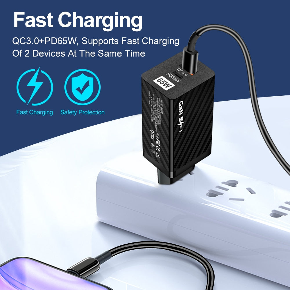 Charger 65W GaN QC 3.0 USB PD Wall Charger Type-C USB Fast Charger For Laptop Macbook Smart Phone