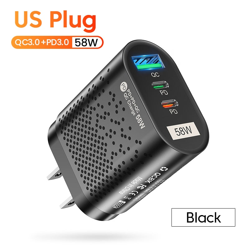 Charger 58W Fast Charger QC3.0 Type-C USB-C Chargers For iPhone Huwawei Xiaomi Samsung