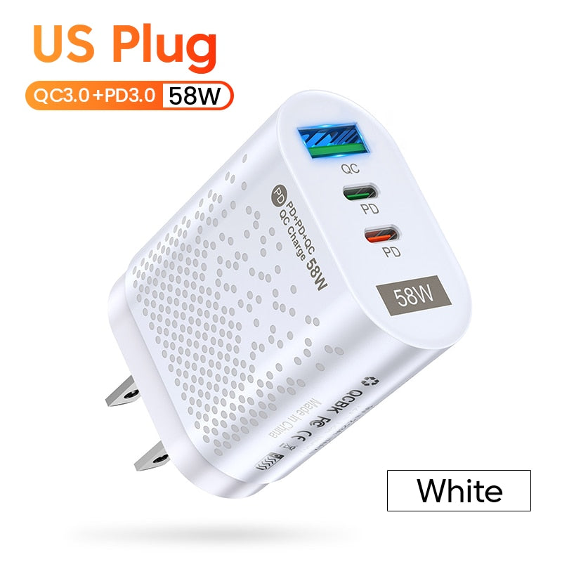 Charger 58W Fast Charger QC3.0 Type-C USB-C Chargers For iPhone Huwawei Xiaomi Samsung