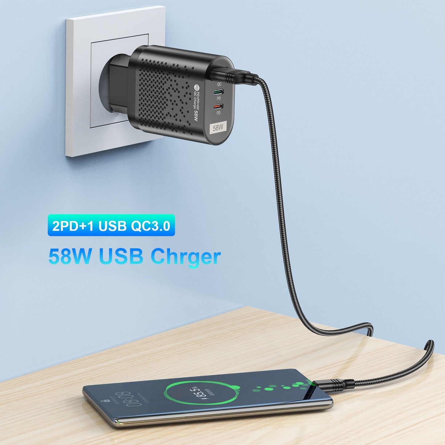 Charger 58W Fast Charger QC3.0 Type-C USB-C Chargers For iPhone Huwawei Xiaomi Samsung