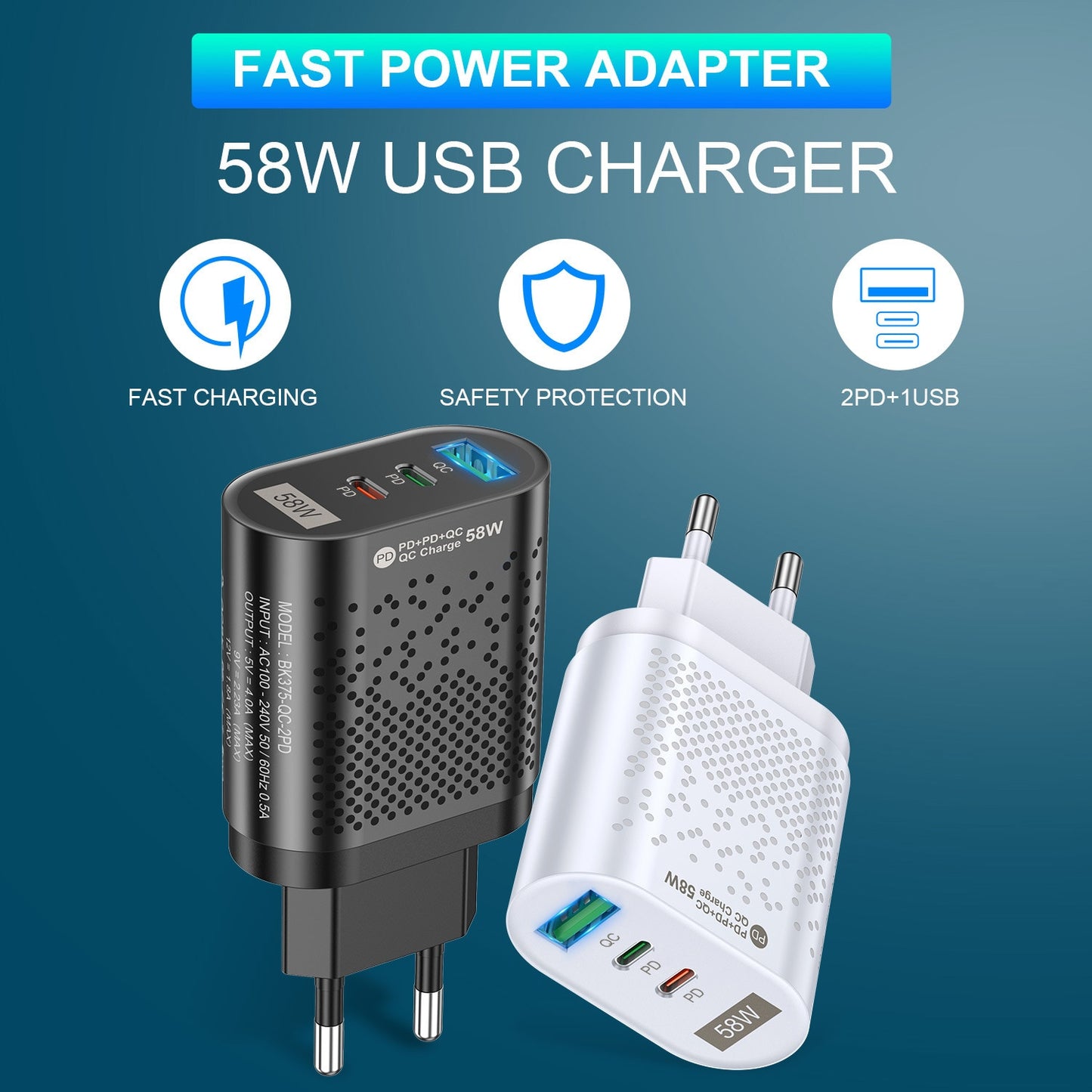 Charger 58W Fast Charger QC3.0 Type-C USB-C Chargers For iPhone Huwawei Xiaomi Samsung