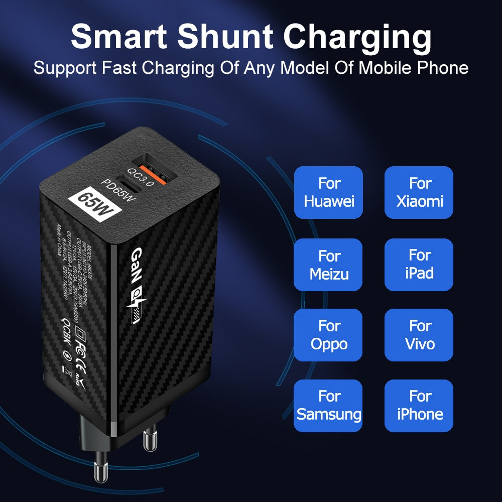 Charger 65W GaN QC 3.0 USB PD Wall Charger Type-C USB Fast Charger For Laptop Macbook Smart Phone