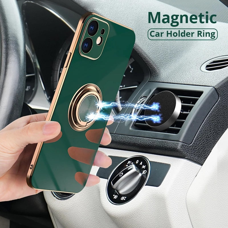Phone Case Luxury Plating Magnetic Attraction Ring For iPhone 14 13 12 11 Pro Max Mini With Holder
