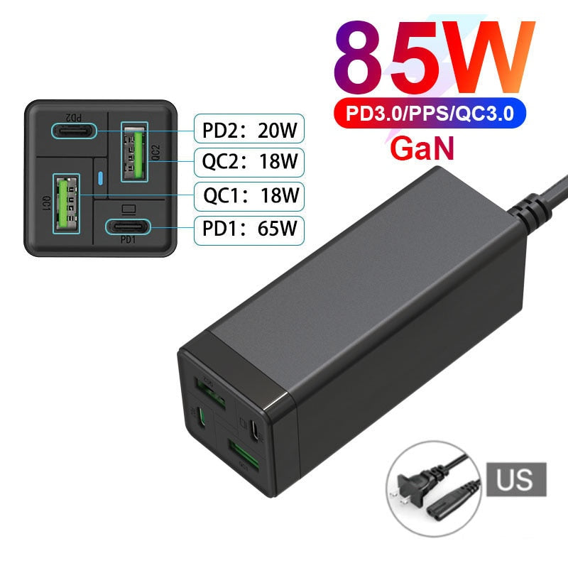 Charger GaN 4-Port 85W USB C Power Adapter PD 65W PPS 45W 20W QC3.0 Fast Charging Charger For Xiaomi Samsung iPhone 13 MacBook Pro