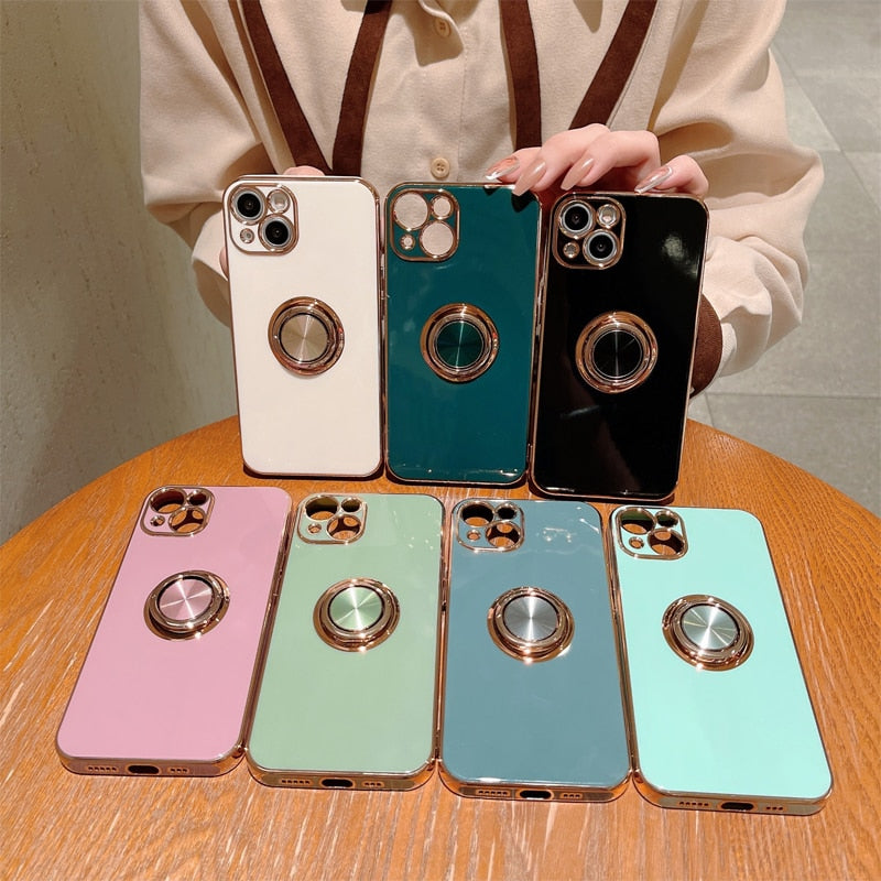 Phone Case Luxury Plating Magnetic Attraction Ring For iPhone 14 13 12 11 Pro Max Mini With Holder